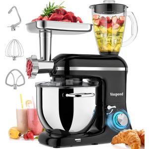 Vospeed 9 IN 1 Stand Mixer, 850W Tilt-Head Multifunctional Electric Mixer with 8 QT Stainless Steel Bowl, 1.5L Glass Jar, Meat Grinder, Hook, Whisk, Beater Dishwasher Safe (Black)