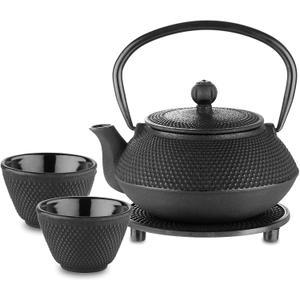Velaze Cast Iron Teapot Set,Japanese Teapot Heat Preservation with Trivet,Stainless Steel Infuser and 2 Cups,Durable Cast Iron with a Fully Enameled Interior,Beautiful Hammered Design,700ML/23oz