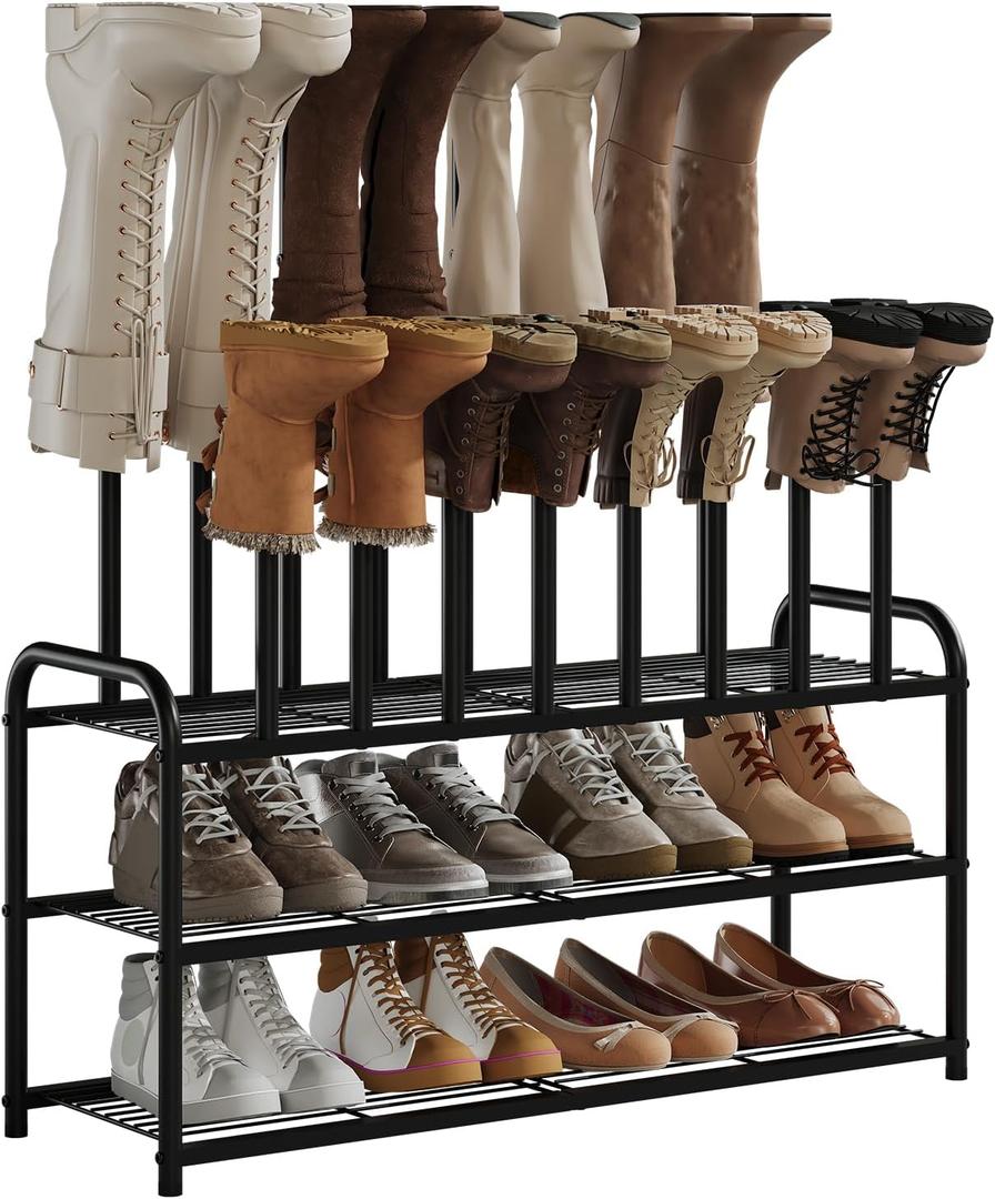 Kitsanery Shoe Rack  3Tier Metal Boot Rack Organizer for Entryway, Closet & Garage, Free Standing Shoe Shelf for Storage Tall Boots, Sneakers, Cowboy Boots, Black (Large  8 Pairs)