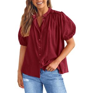 PRETTYGARDEN Women's Summer Button Down Shirts Short Lantern Sleeve V Neck Cotton Cute Dressy Casual Ladies Tops Blouses (Medium, Burgundy) PRETTYGARDEN Women's Summer Button Down Shirts Short Lantern Sleeve V Neck Cotton Cute Dressy Casual Ladies Tops Blouses (Medium, Burgundy)