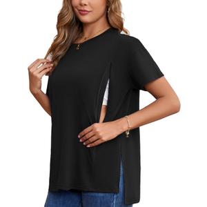 Ecavus Women's Oversized Nursing Shirts for Breastfeeding with Hidden Zipper Short Sleeves Side Splits Maternity Tops (Large, Black)