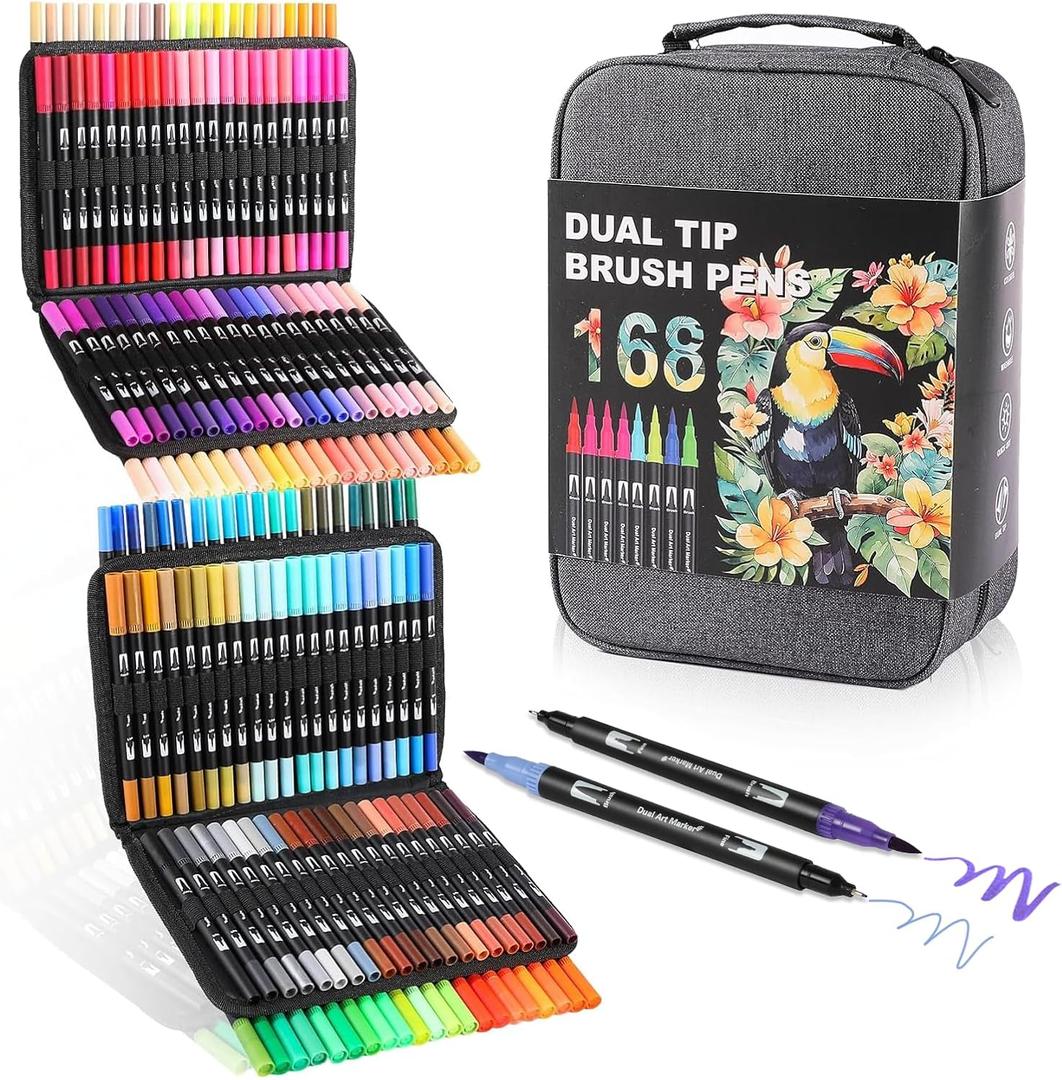 Dual Tip Markers, Brush Art Markers Set with Fine Tip and Brush Tip for Adult Coloring Book, Hand Lettering, Calligraphy & Drawing, Professional Art Supplies Kit for Adults (168 Colors)