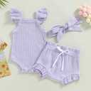 Newborn Baby Girl Summer Outfits Ribbed Sleeveless Romper Bodysuit Top and Ruffle Shorts Headband Clothes Sets (Purple)