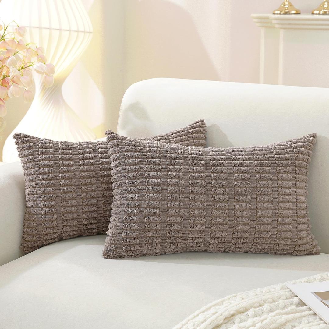 YSTELLAA Set of 2 Corduroy Decorative Throw Pillow Covers 20x12 Inch, Boho Striped Pillow Covers Farmhouse Home Decor for Sofa Living Room Couch Bed,Khaki