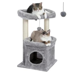 PEQULTI Cat Tree Tower for Indoor Cats with Private Cozy Cat Condo, Natural Sisal Scratching Posts and Plush Pompom for Small Cats