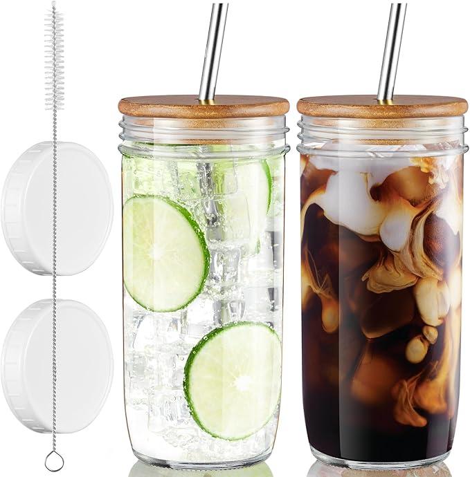 Glass Cups Set - 24oz Mason Jar Drinking Glasses with Acacia Wood Lids & Straws & Airtight Lids - Wide Mouth lced Coffee Cups Boba Bottle Tumbler for Bubble Tea, Smoothie - 2 Pack