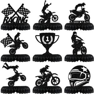 9 Pcs Dirt Bike Party Decorations Motorcycle Birthday Honeycomb Table Centerpiece Glitter Black Racing Theme Birthday Party Supplies Photo Booth Props