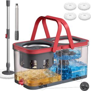 SONGMICS Spin Mop and Bucket Set, 4 Washable Microfiber Mop Heads, Wheels