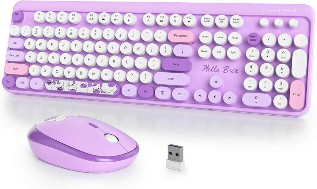 Typewriter Wireless Keyboard and Mouse Combo,2.4G Office 104 Keys Full Size Retro Punk Keyboard,Cute Purple Keyboard with Round Keycaps for Laptop PC Desktops(Bear Purple)
