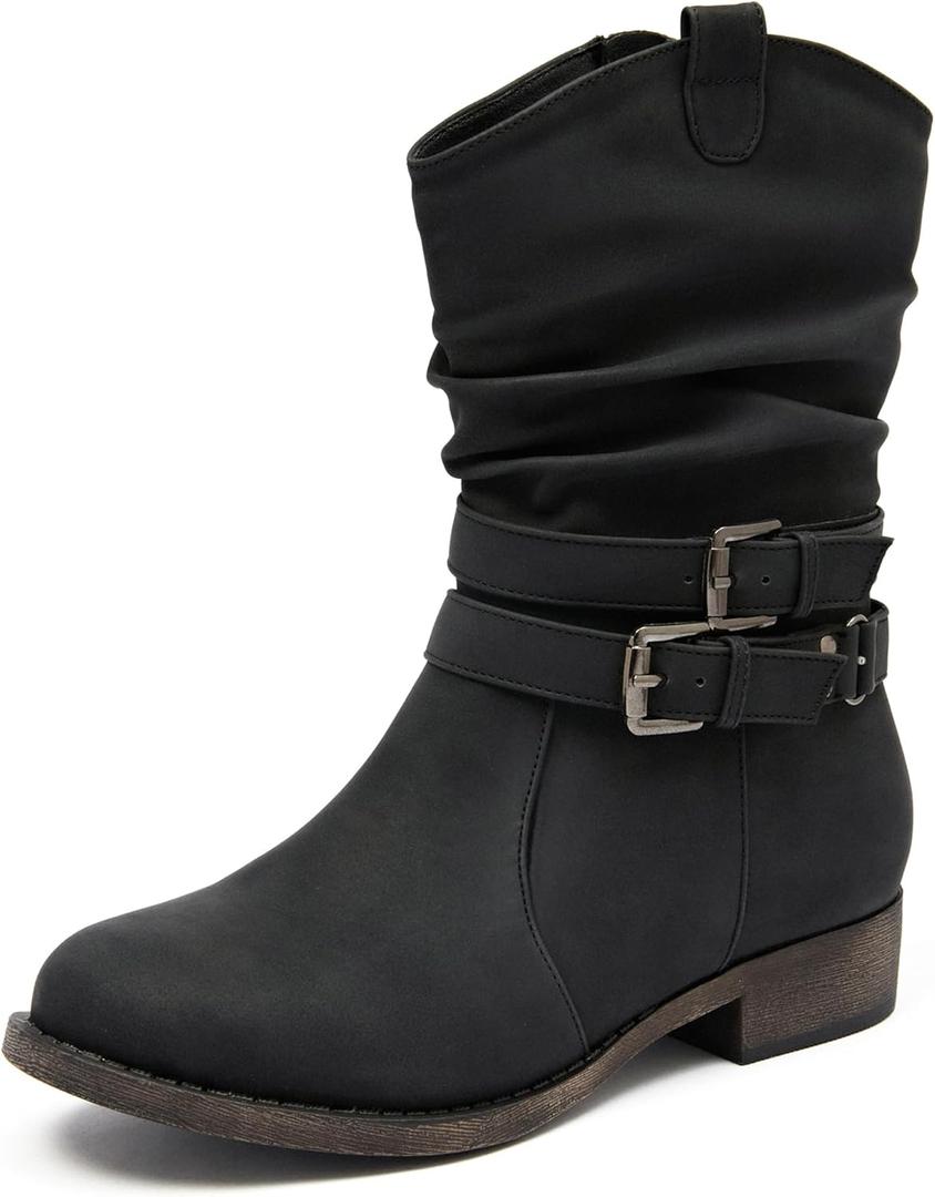 Ataiwee Women's Mid-Calf Cowboy Cowgirl Boots with Low Chunky Heel, Side Zipper, Motorcycle Style, Classic Round Toe,Fashion Western (Black/Dark Brown/Grey) Boots, Size: 8.5