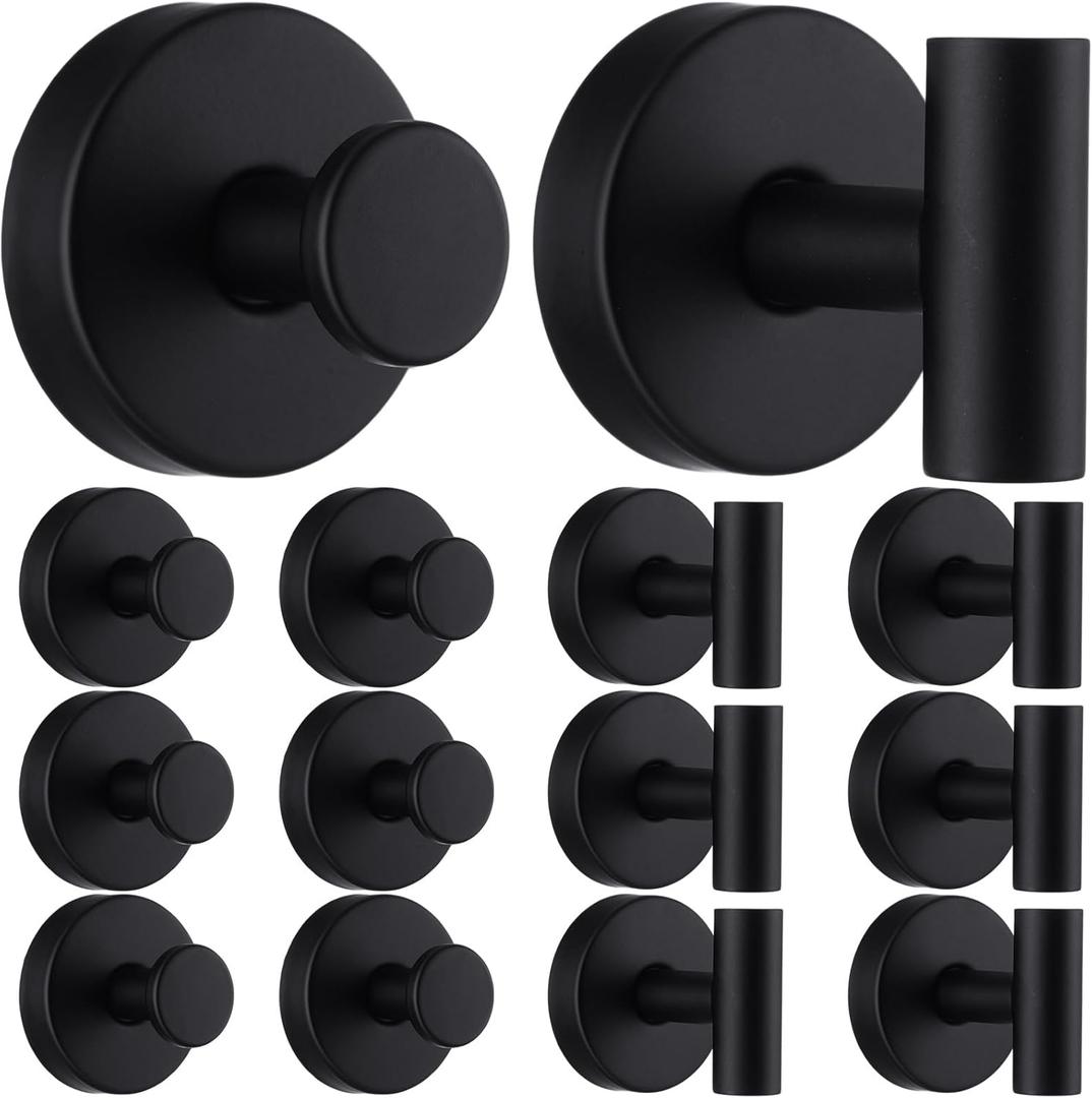 12 Pack Suction Cup Hooks for Shower Stainless Steel Shower Towel Hook No Drill Suction Hooks for Bathroom Heavy Duty Towel Hook (Black)