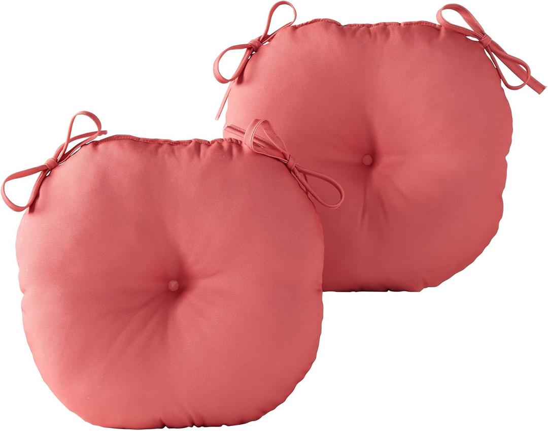 15 x 15 Round Bistro Chair Cushion, Reversible Patio Seat Cushion with Attached Ties, Polyester Fabric, Recycled Polyfiber Fill, Set of 2 - Coral