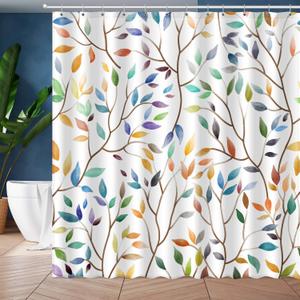 Boho Leaf Floral Shower Curtain, Spring Summer Modern Colorful Botanical Leaves Bohemian Fabric Shower Curtain Set with 12 Hooks, Bathroom Accessories Decor Cloth Curtain 72x72 Inches (White)