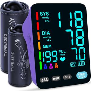 Blood Pressure Monitor, Automatic Upper Arm Blood Pressure Monitors for Home Use, 2 Blood Pressure Machine Cuff(9-17in & 13-21in) with Large LED Backlit Display, 3x199 Reading Memory Purple