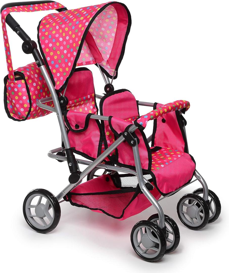 Exquisite Buggy, Twin Doll Stroller with Diaper Bag and Swivel Wheels & Adjustable Handle - Pink & Polka Dot Design
