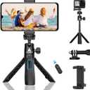Ailight 11.2" Mini Tripod for iPhone, Portable Extendable Travel Selfie Stick with Wireless Remote, Upgraded Phone Clip Holder & Action Camera Adapter for Cell Phone/Camera (Matte Black)
