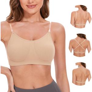 Stelle Women's Clear Strap Nude Dance Bra Wireless Invisible Low Back Unpadded Bra with Convertible Straps (Beige, S)