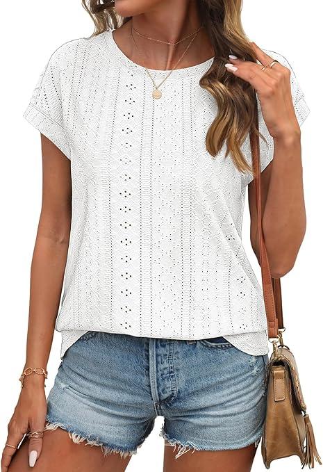 ATHMILE Blouses for Women Dressy Casual Trendy Short Sleeve Shirts Cap with Curved Hem Summer Clothing White, Small 