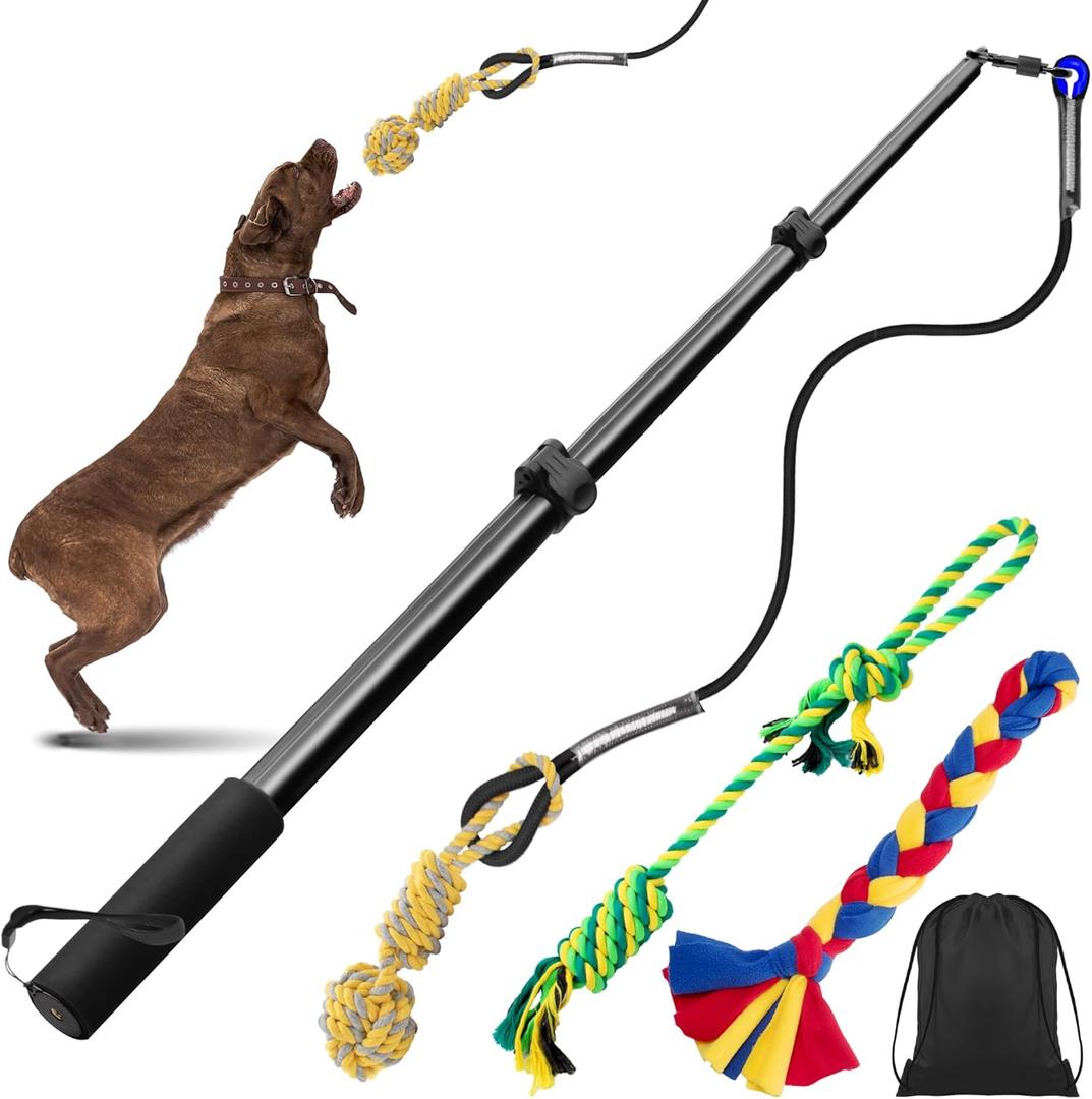 Ycozy Flirt Pole for Dogs Heavy Duty Interactive Toys Tug of War with Detachable 3 Replacement Rope Toys for Chase and Outdoor Exercise & Training for Small Medium Large Dogs (Pole - 40.6")