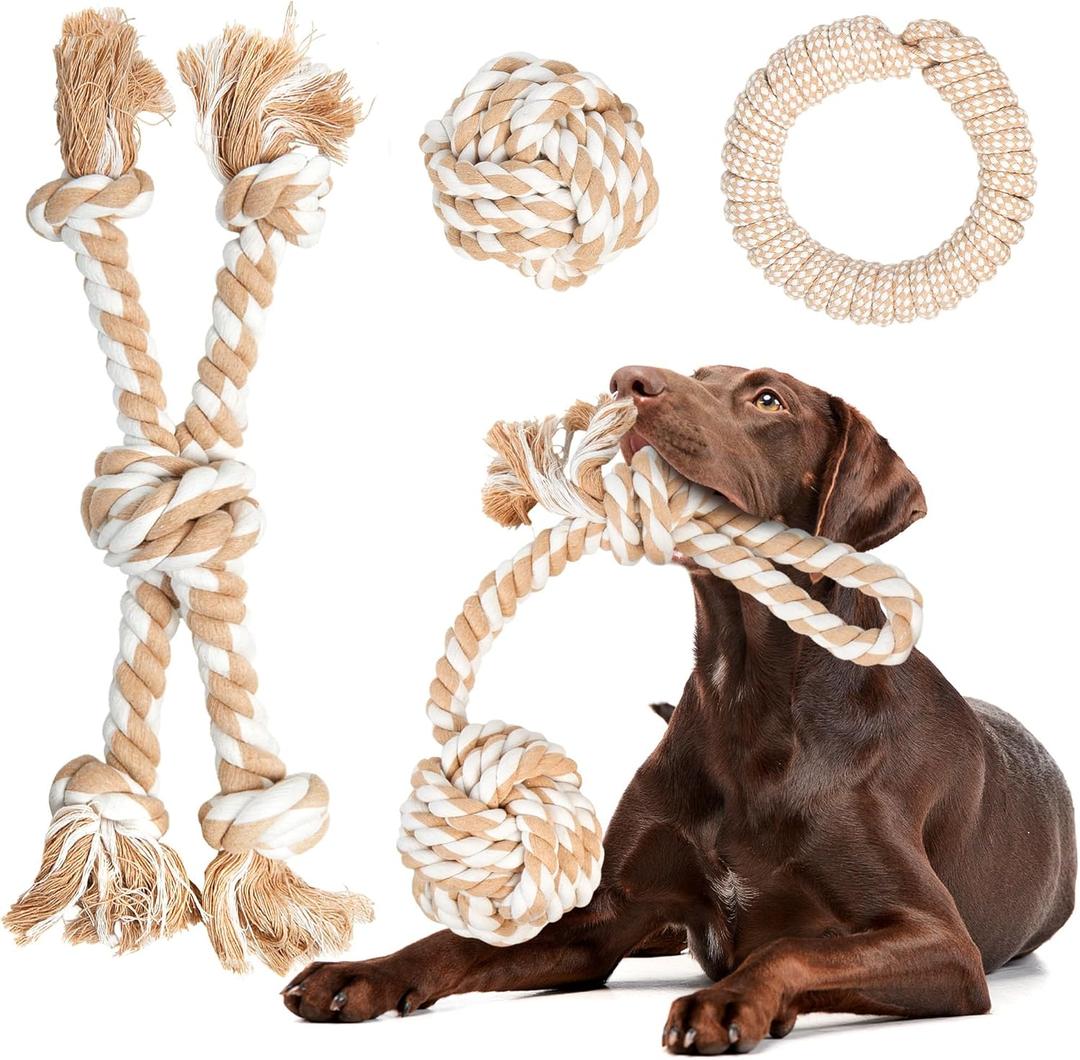 Fida Heavy Duty Dog Rope Toys for Aggressive Chewers 4pcs Pack  Natural Cotton Dog Chew Toys for Large Dogs, Tug-of-War & Fetch Rope Ball/Ring/Knot/Twist to Keep Them Busy