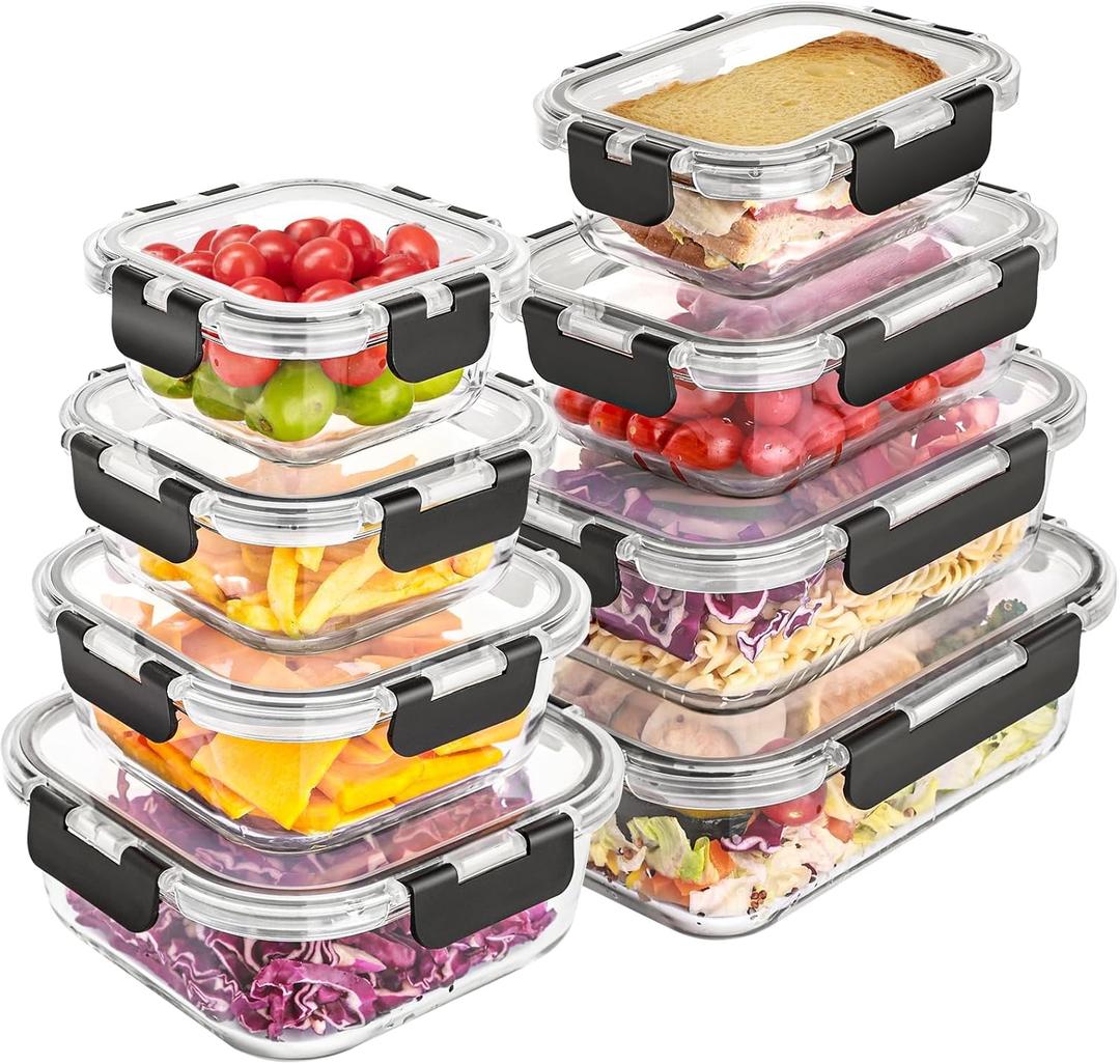 Liuruiyu 8 Pack Glass Food Storage Containers with Lids, Meal Prep Containers, Airtight Bento Boxes with Leak Proof Locking for Microwave, Oven, Freezer and Dishwasher, BPA Free (Transparent)