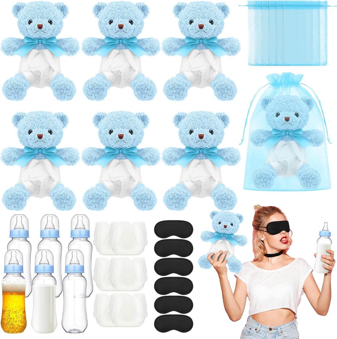 6 Set Bottle Chug Baby Shower Games Blue Bear Blindfolded Diaper Changing Games Kits Plastic Bottles Disposable Diapers Blindfold Eye Masks Bear Baby Shower Party Guest Gifts