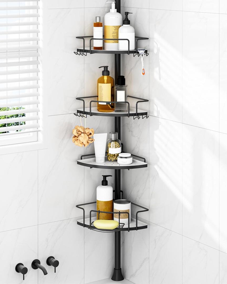 ALLZONE Corner Shower Caddy Tension Pole  Rust-Free Stainless Steel Shower Organizer with Adjustable Storage Shelves, Drill-Free Installation, Quick Setup, Extends from 34 to 116 Inches