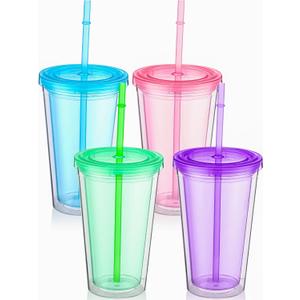 Nuogo 4 Pieces Insulated Double Wall Plastic Tumbler with Lids and Straws Reusable Transparent Plastic Cup 16 oz Tumbler Bulk for Coffee Drinks Milk Tea Juice, Pink, Blue, Green, Purple (Bright Colors)