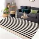 OLANLY Beige and Black Striped Rug 3' x 5' Washable Cotton Doormat for Indoor Outdoor Use, Layered Front Porch Rug for Entryway, Kitchen, Patio