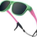 Kids Sunglasses TPEE Unbreakable Frame Polarized Sports Glasses with Adjustable Strap For Boys Girls Age 5-12 (Green Pink Frame/Grey Lens)