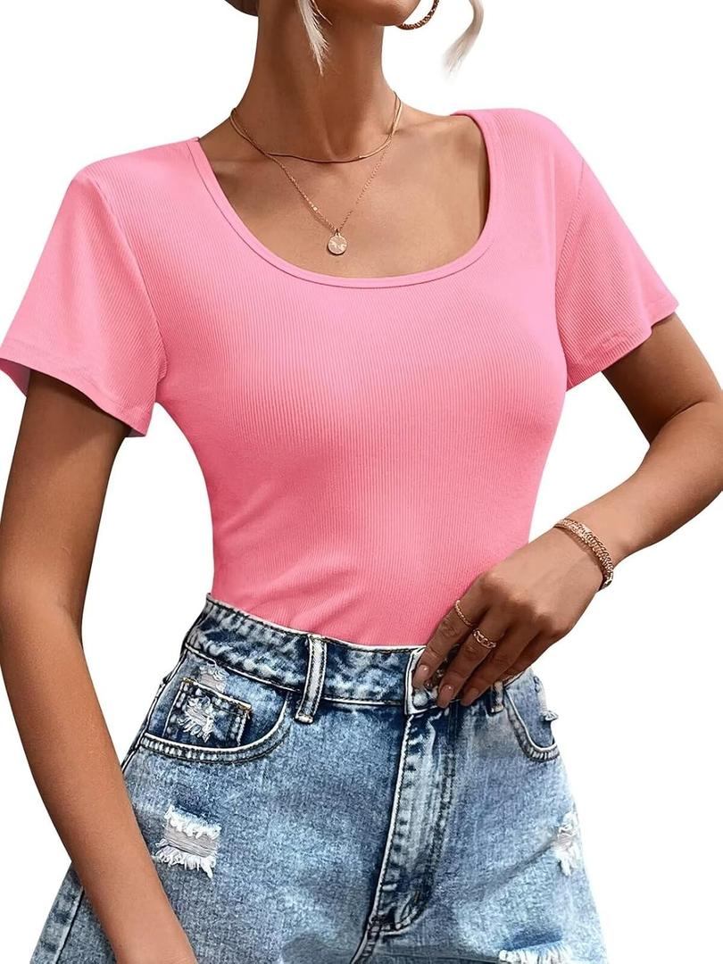 Womens T Shirt Short Sleeve Tshirt Ribbed Basic Tops Tee (Pink)