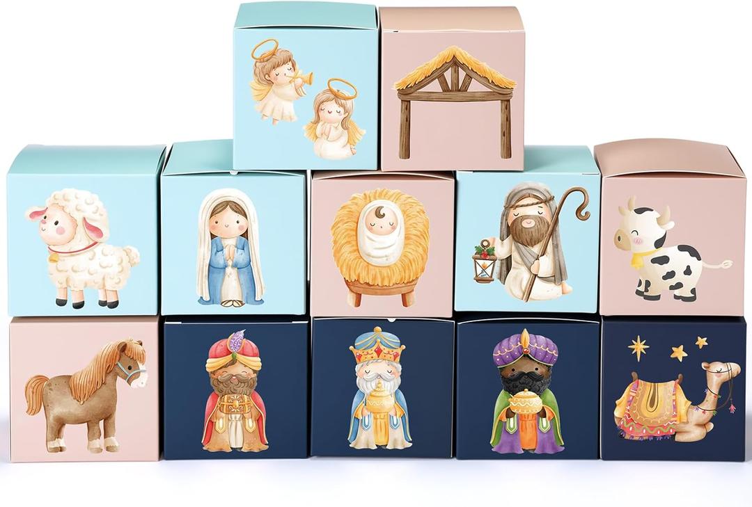 30 Pcs DIY Paper Nativity Scene Treat Box Christmas Fun Gift with Angel Animal House Paper Nativity for Classroom Art Activities Sunday School Holiday Party Table Decoration