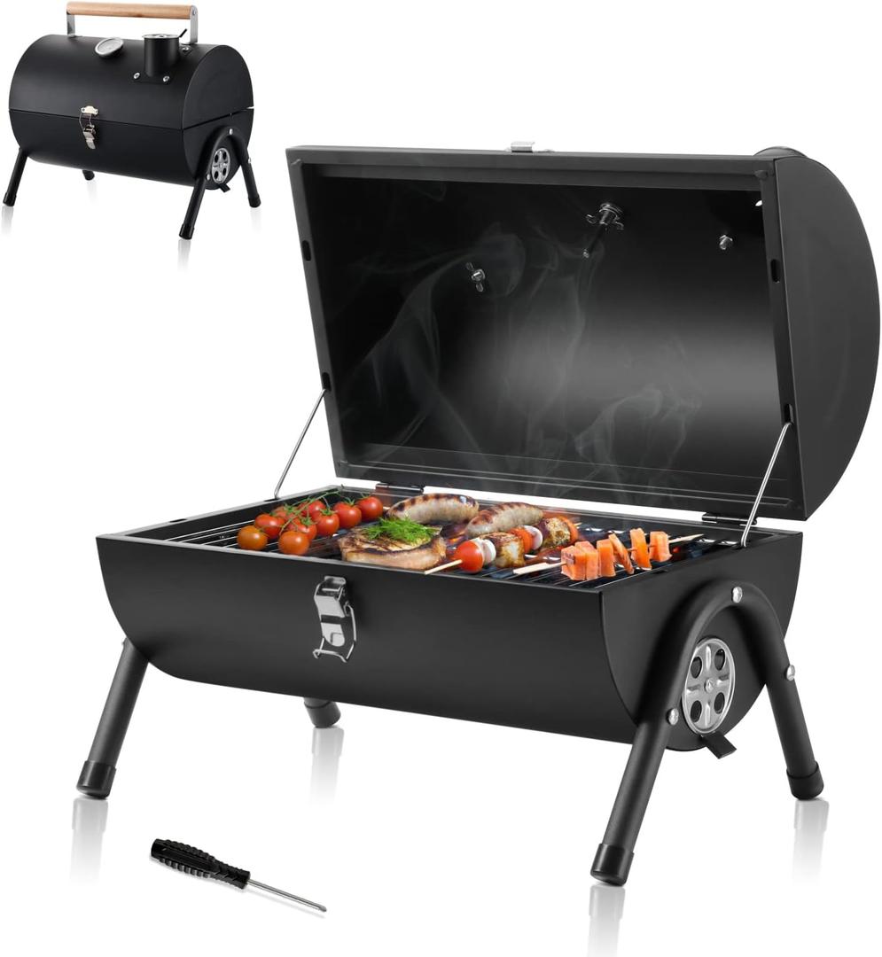 HaSteeL Portable Charcoal Grill, Small Folding Outdoor Grill, Mini Black Barbecue Grill with Thermometer, Compact Tabletop BBQ Grill for Camping Picnic Backyard Patio, 116 Square Inches & Screwdriver