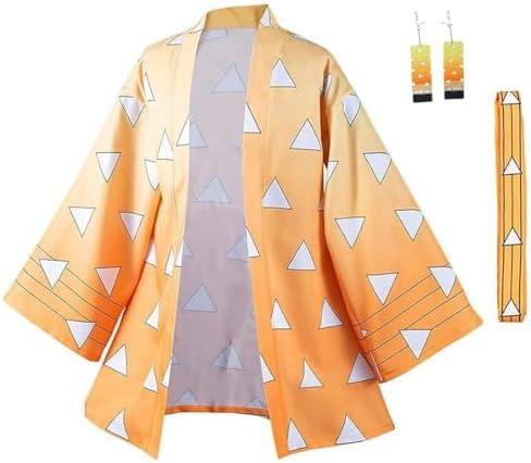 IOONCHI Tanjirou Robe Adult Green Plaid Cloak Kamado Tanjirou Cosplay Costume Color Block Kimono Cardigan Jacket Earrings Set, M