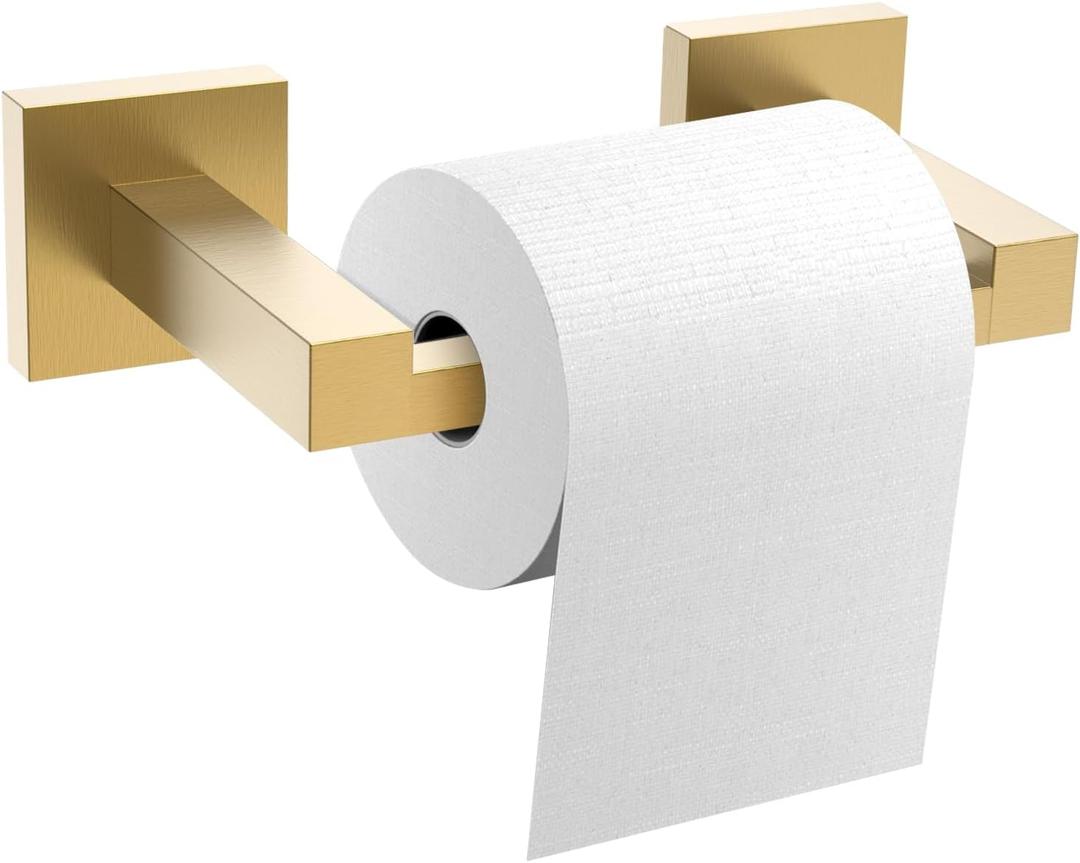 Toilet Paper Holder Wall Mount, Brushed Gold Paper Towel Holder Double Base Large Stainless Steel Bathroom Toilet Tissue Roll Holder, Commercial Toilet Paper Dispenser (Square)