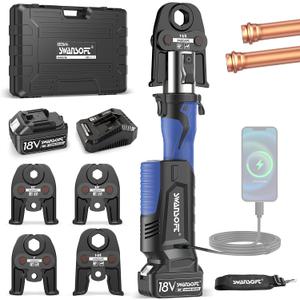 SWANSOFT 32kN Copper Pipe Crimping Tool, VUS 1/2" To 1-1/4" | 2*4Ah battery | Precise Crimp, Zero Leak, Fast Press, Dual 18V 4Ah Battery, Endurance, 32kN Press Tool & 4 US Standard Jaws for Copper Pipes