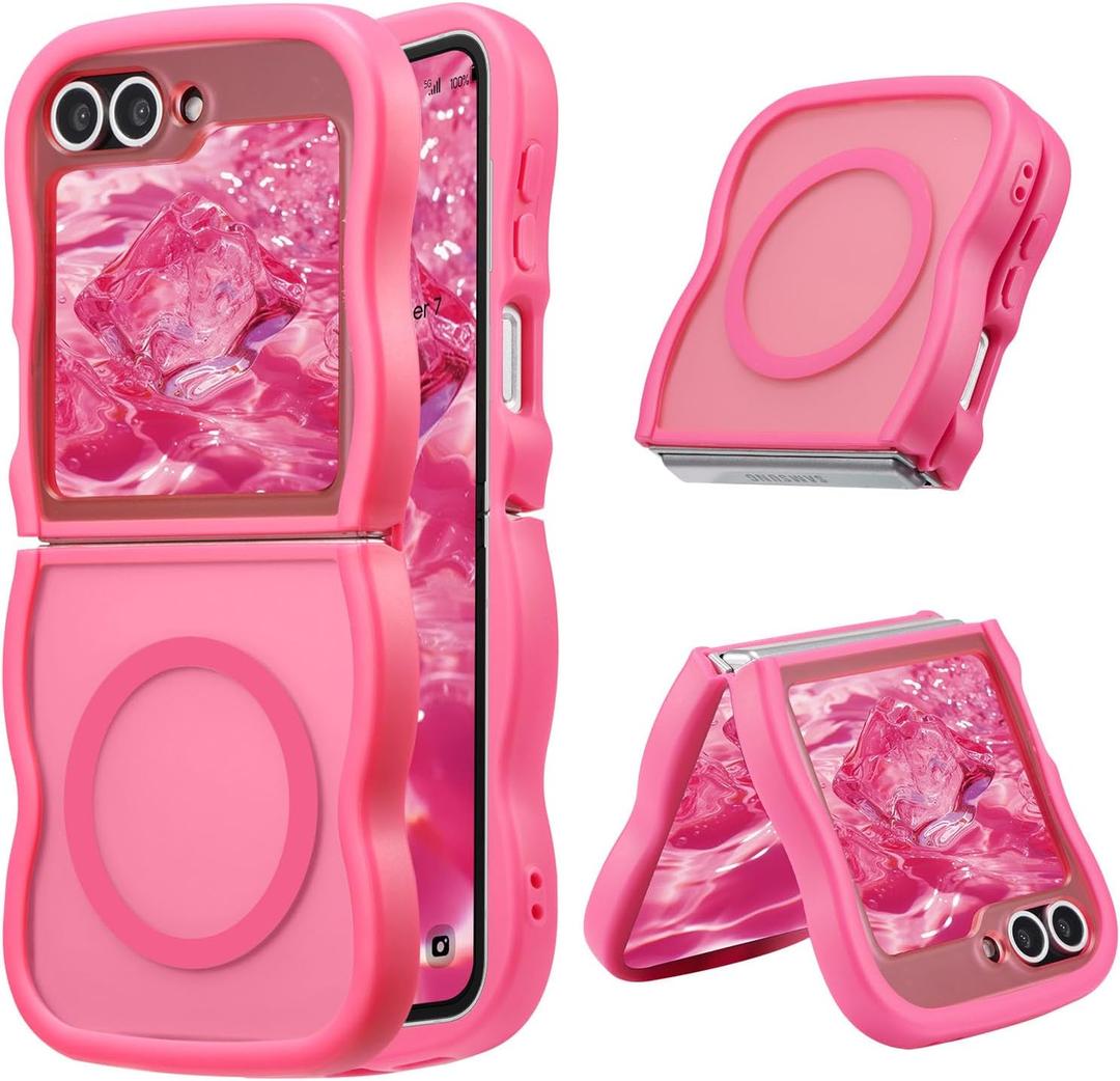 UEEBAI Magnetic for Samsung Galaxy Z Flip 5/Z Flip 6/7 FE Case, Compatible with MagSafe, 2025 Transparent Clear Wave Frame Design Soft Edge Cover Matte Shockproof Phone Case- Hot Pink