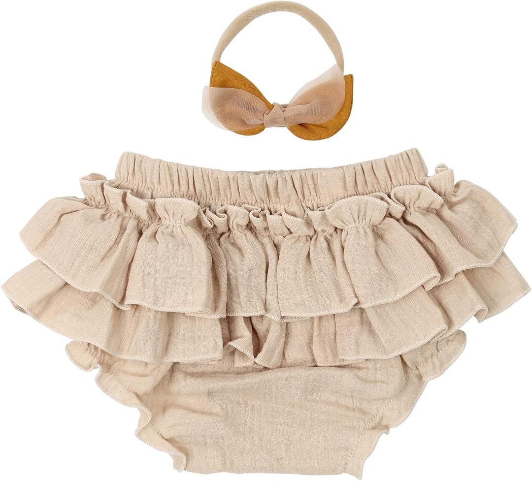 HOOLCHEAN Baby Girls Cotton Gauze Ruffle Bloomer Shorts with Bowknot Headband (0-6 Months, Khaki)