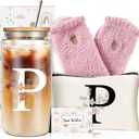 Unique Initial Glass Cup with Lids and Straws, Monogrammed Gifts Box Included Makeup Bag, Valentines Day Mothers Day Birthday Gifts for Women Mom Sister Grandma, P