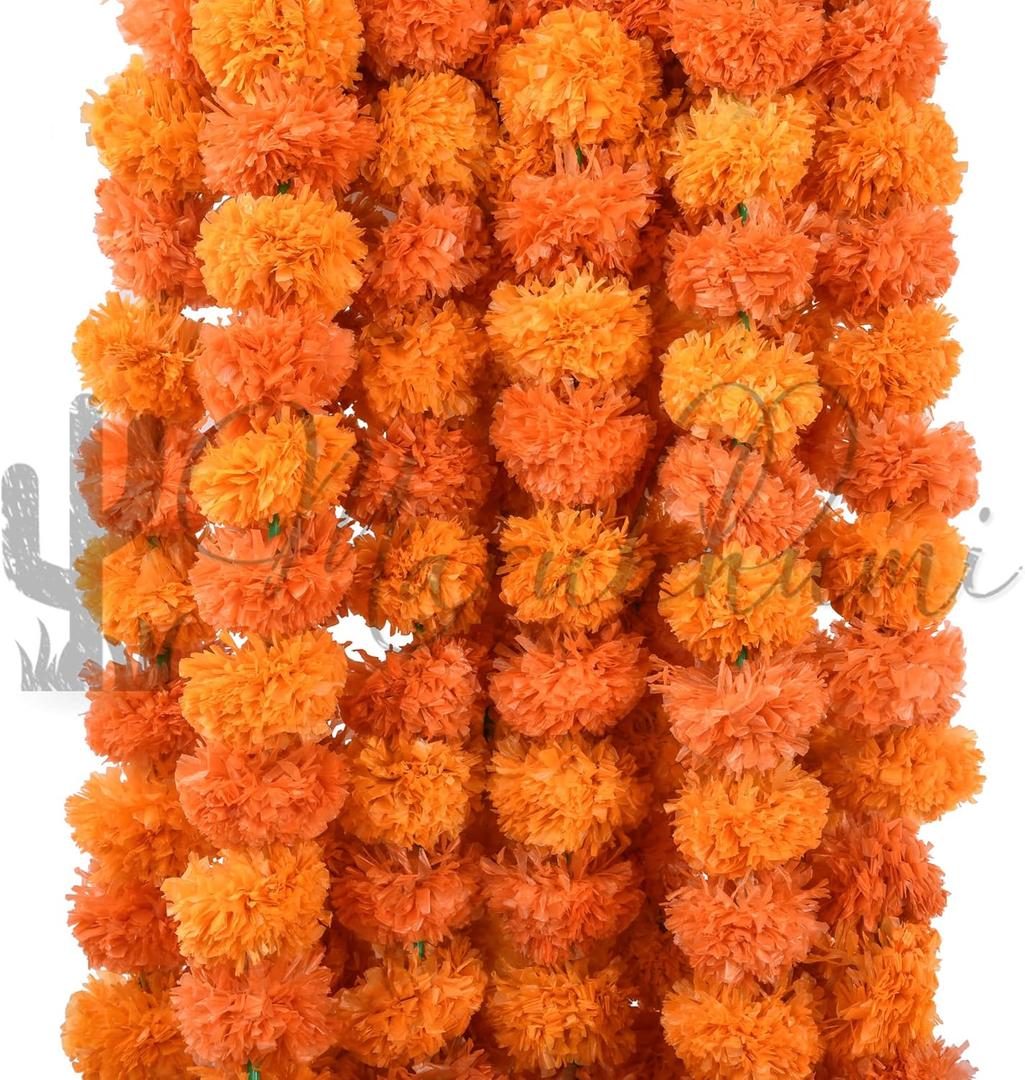 Marubhumi 5 PC - 5 feet Artificial Marigold Flower Garland  Long Strands for Diwali, Wedding & Festive Decoration  Traditional Indian Home Decor (Mango/Orange)
