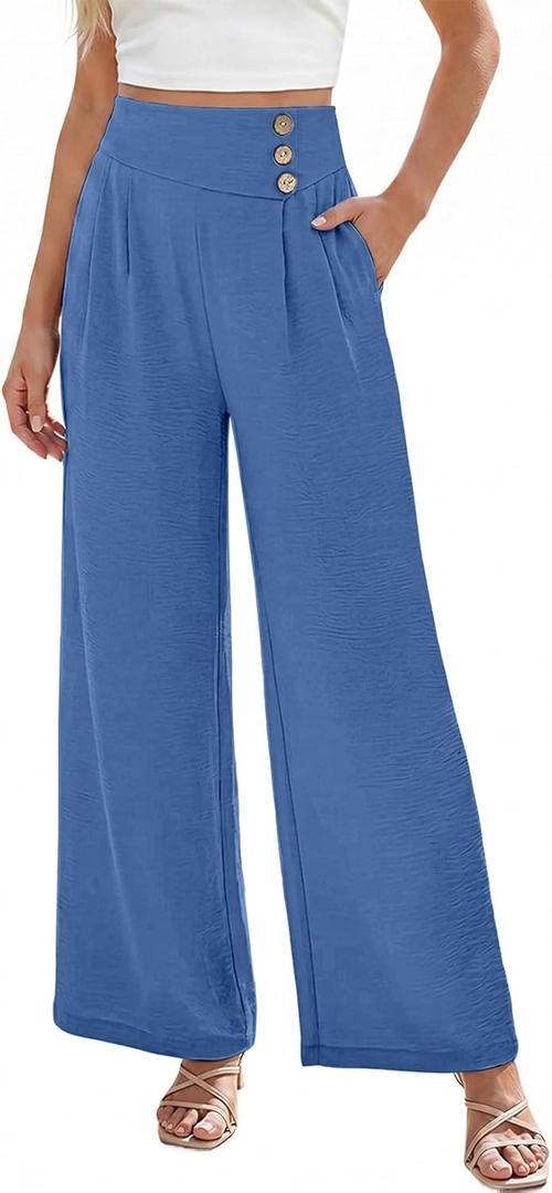 EVALESS Womens High Waisted Button Pleated Wide Leg Pants Beach Vacation Trouses, S
