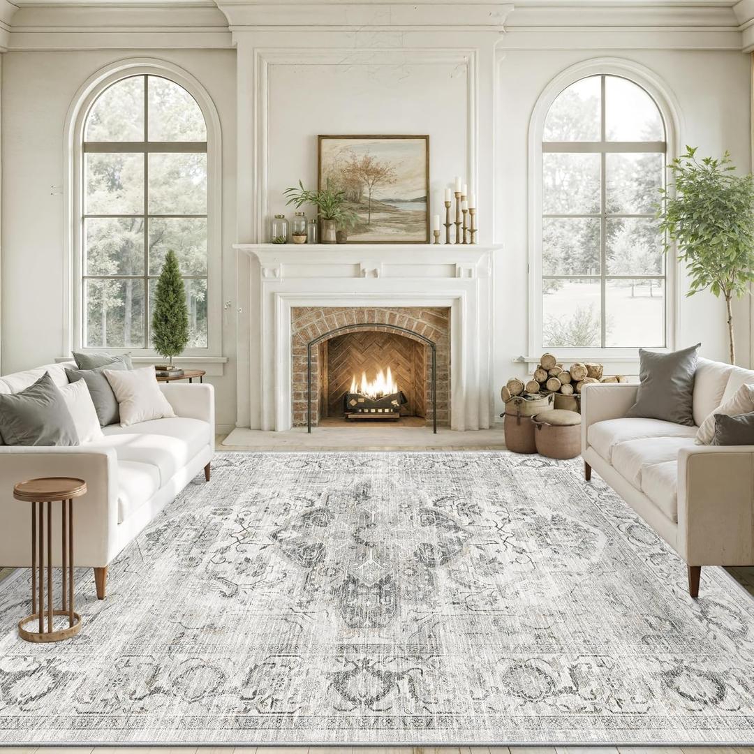 9x12 Area Rugs for Living Room, Machine Washable Non Slip Vintage Rug, Non-Slip Stain Resistant, Large Soft Home Decor Rug for Bedroom Dining Room (Ivory/Gray,9'x12')