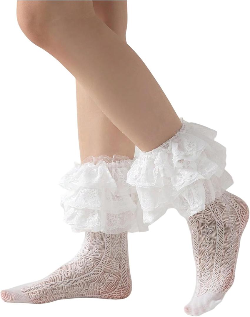 OYOANGLE Women's One Pair Floral Lace Crew Socks Layered Ruffle Elastic Above Ankle Socks (White)