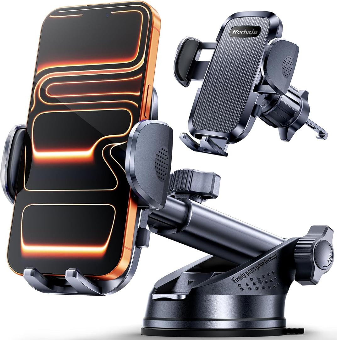 Rorhxia-3-IN-1 Car Phone Holder,Ultra Stable, Fearless of Bumpy Roads Phone Holders for Your Car Dashboard/Windshield/Vent, Cellphone Holder Stand for iPhone 17 16 15 14 Pro Max Samsung and More