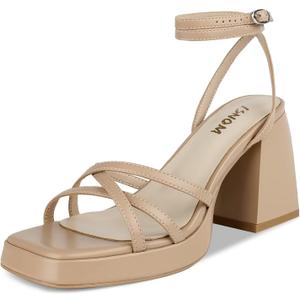 ISNOM Platform Heels for Women Comfortable Strappy Heels Short Block Chunky Sandals Ankle Strap Simple Summer Heeled Sandals Square Open Toe for Wedding Work Party Dressy Prom (8, Mattenude)