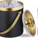 Ice Bucket with Lid, Handle and Tong Black Gold Insulated Stainless Steel Champagne Bucket 2L Wine Bucket for Party Bar Cart Accessories Large Double Wall Bucket Keep Frozen