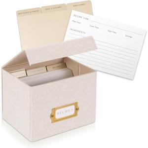 Beautiful Linen Recipe Box Set - Incl. 50x 4x6 inch Recipe Cards and Matching Dividers to Easily Organize Up to 250 Recipes - A Sturdy Card Holder And Great Gift that Perfectly Fits into Any Kitchen (Ivory)