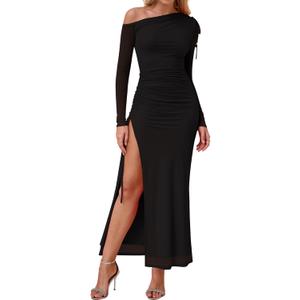 KUTUMAI One Shoulder Long Sleeve Maxi Dress Split Bodycon Ruched Formal Wedding Guest Dresses for Women Fall 2025 (Medium, Black)