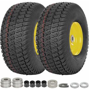 (2 Pack) WEIZE 15x6.00-6 Tubeless Tire and Wheel Assembly, Replacement Lawn Mower Front Tires, Compatible with John Deere Riding Mowers 100 and 300 Series, 3" Offset Hub, 3/4" or 5/8" or 1/2" Bushing (Yellow)