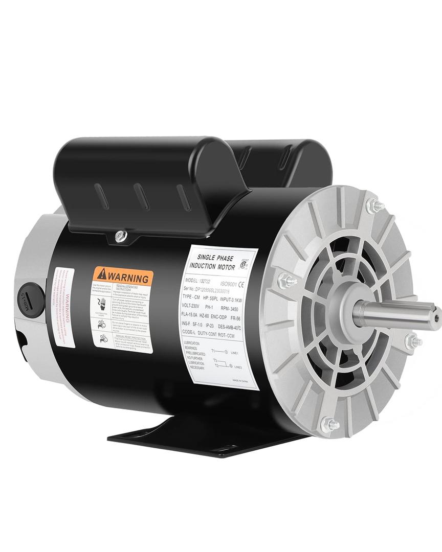 5 HP SPL Air Compressor Motor, 3450 RPM Electric Motor, 230V 15.0A Single Phase, 56 Frame 5/8" Keyed Shaft 60 Hz, Commercial-Duty CCW Rotation, 1.88" Shaft Length for Air Compressors